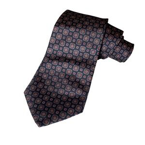 Hardy Amies London Mens Silk Tie Navy Blue Red Geometric Medallion Pattern